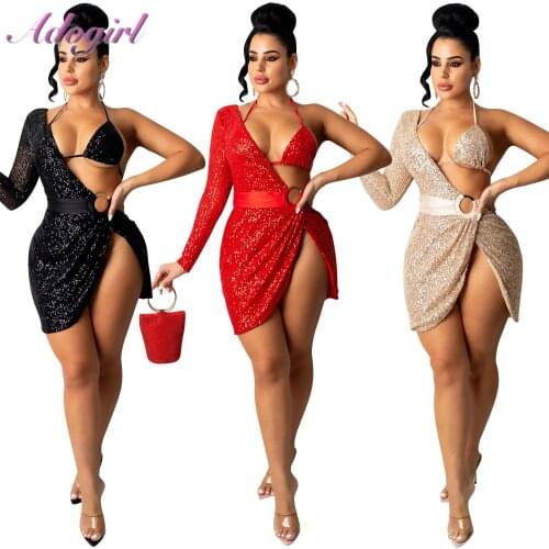 Women Sexy Sequins Bra One Shoulder Hollow Out Mini Club Party Dress Elegant Lace Up Halter Long Sleeve Split Dresses Vestidos