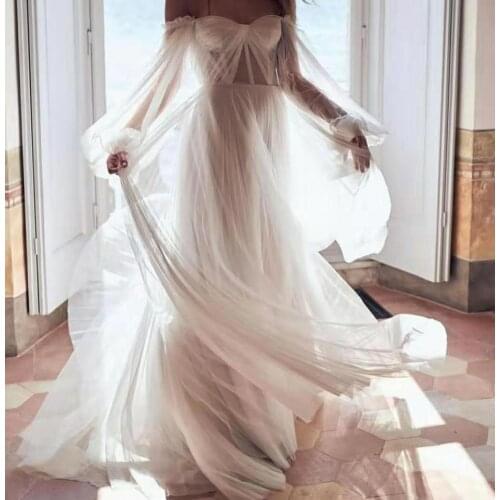 Elegant Long Off Shoulder A-Line Wedding Dresses with Sleeve Custom White Tulle Floor Length Corset Back Bridal Gowns for Women