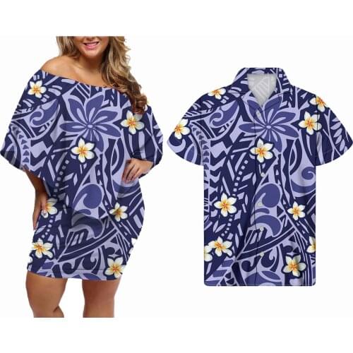 Hycool Polynesian Blue Floral Fashionable Dress For Couple Custom Plus Size Wedding Guest Dress Summer Casual Sexy Couple Outfit