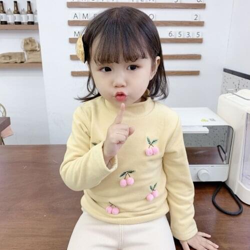 2020 Winter Baby Girl Thick TShirt Cute Turtleneck Cherry Hair Ball Tshirt For Girl Kids Plus Velvet Warm Base Top Child Clothes
