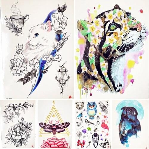 White Leisurely Cats Flower Leopard Temporary Tattoo Stickers Women Fashion Body Art Fake Tattoo Men Arm Neck Paste Tatoos Chest