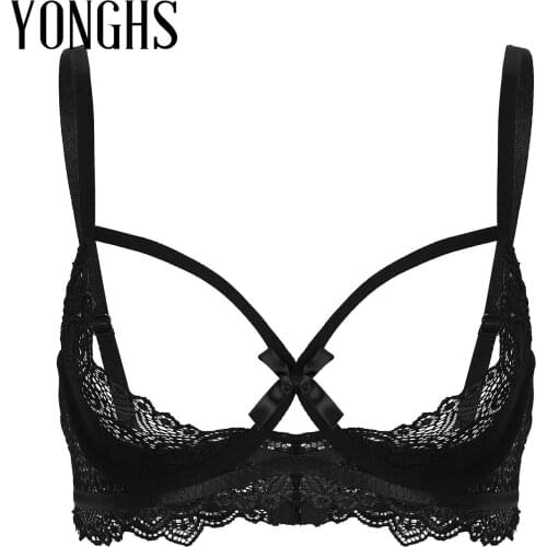 Womens Erotic Lingerie Bras See Through Sheer Lace Bra Top Adjustable Spaghetti Shoulder Straps Half Cups Underwired Bra Tops