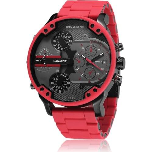 Cagarny Men Watches Red Big Dial Luxury Top Brand Quartz Silicone Steel Band Military Wrist Watches for Men Auto Date Dual Time