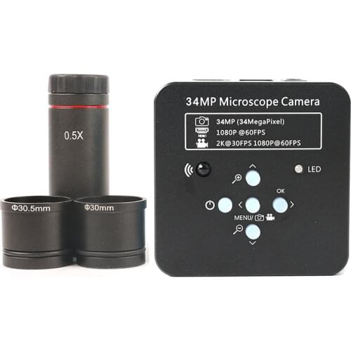 Eakins 2K 34MP HD 1080P 60FPS HDMI USB Industrial Camera TF Card Digital Video Microscope+0.5X Eyepiece Adapter 30mm/30.5m Ring