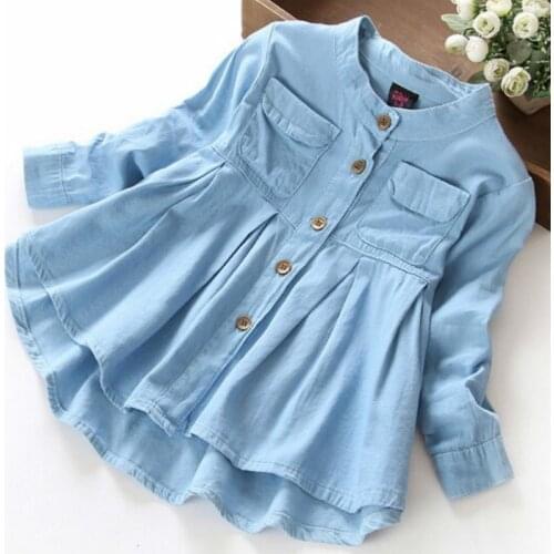 Girls Dress Toddler Kids Baby Girls Long Sleeve Small Pleated Light Buttoned Denim Dress Children Clothes 2-7Y