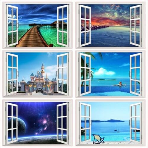 Fantastic 3d Window Space Landscape Castle Sea Wall Stickers Home Decoration Living Room Bedroom Festival Gifts Decals Mural Art