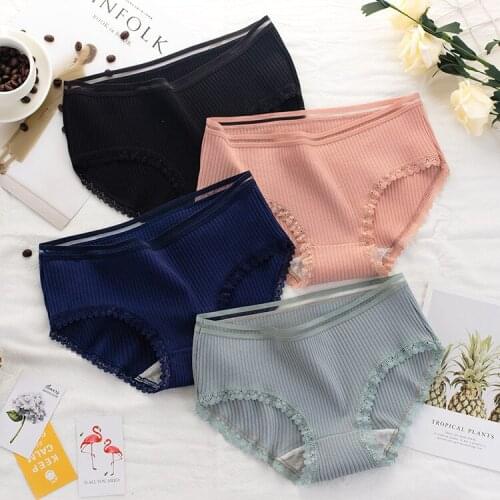 Cotton Women Underwear Sexy Lace Bow Lingerie Cute Panties Female Seamless Underpants Black Pink Mid-rise Briefshorts XXL