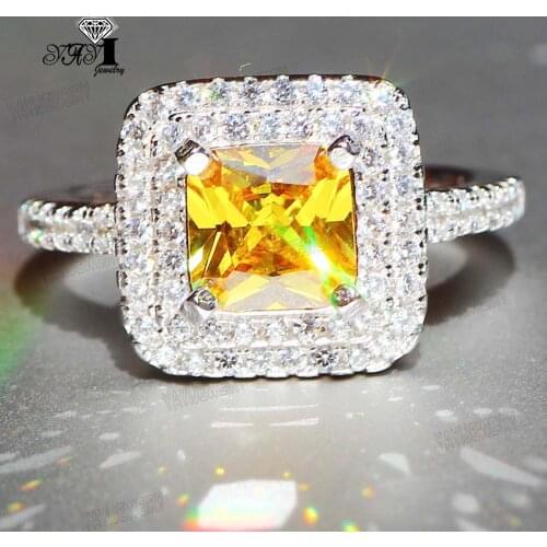 YaYI Fine Jewelry Fashion Princess Claw Set Cut Yellow Cubic Zirconia Silver Color Engagement Wedding Party Leaves Gift Rings