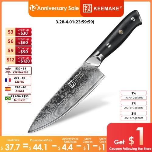 KEEMAKE 6.5" Inch Chef Knife Japanese Damascus VG10 Steel Blade Kitchen Knives Razor Sharp Meat Fruit Cutting Tools G10 Handle