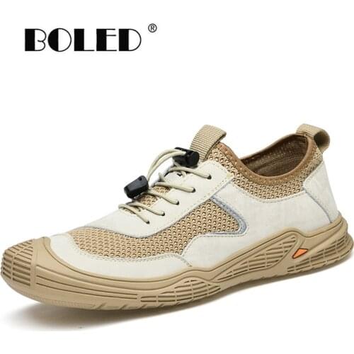 Natural Leathe With Mesh Men Shoes Flats Quality Outdoor Casual Shoes Sneakers Comfort Soft Non-slip Walking Shoes Men