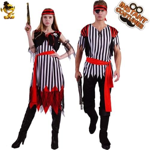 Couples Cool Pirate Costume with Stripe Halloween Cosplay Buccaneer Outfits Purim Role Play Fancy Dress Up for Men and Women