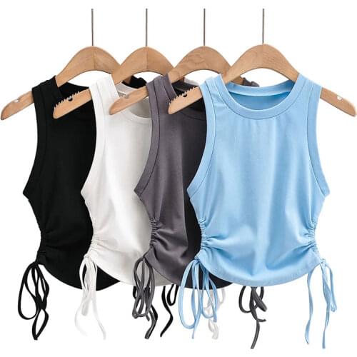 Nlzgmsj Za Women Fashion 2021 Summer Women Candy Solid Side Pleated Crop Tank Top Sleeveless Female Basic Tops 202106