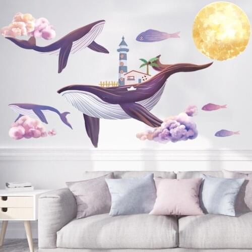 Cartoon Whales With Lighthouse Wall Sticker Golden Moon Light Purple Clouds Wallpaper Fashion Home Decoration For Kids Room