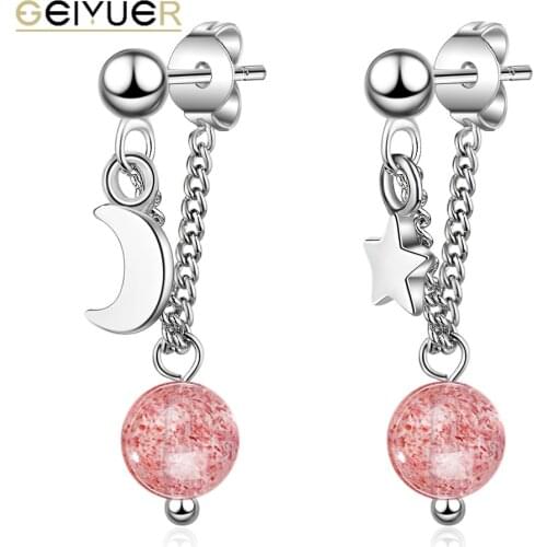 New 925 Sterling Silver Stars Moon Drop Earrings with Strawberry Crystal Bead Jewelry for Women 2021 Korean Pearl Earrings