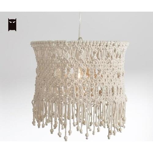 Handmade White Cotton Thread Drop Pendant Light Fixture Bohemia Art Deco Scandinavian Hanging Ceiling Lamp Kids Girls Room E27