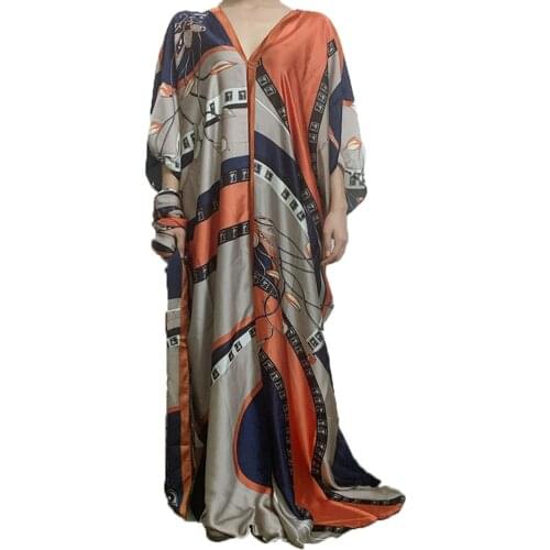 Popular Bohemian Printed Summer Silk Kaftan maxi dress Oversize V-neck Beach Kaftan Robe Match scarf African dresses for women