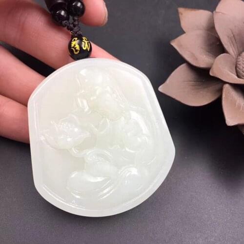 Natural Xinjiang Hetian jade white lotus ornamental concept pendant 46 * 50mm certificate attached