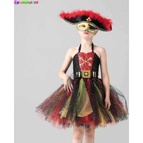 Girls Luxury Glitter Pirate Tutu Dress Wench Fancy Dress Up Halloween Costume Kids Christmas Birthday Party Gala Pirate Outfit