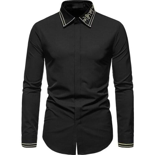PARKLEES Mens Black Hidden Button Tuxedo Shirt Classic Long Sleeve Gold Embroidery Dress Shirt Wedding Groom Party Chemise Homme