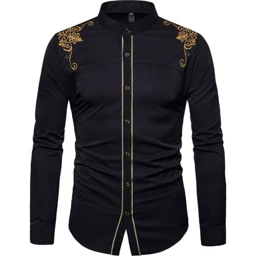 Mens Luxury Gold Embroidery Mandarin Collar Dress Shirts Slim Fit Long Sleeve Button Up Shirt Men Party Prom Performing Shirt