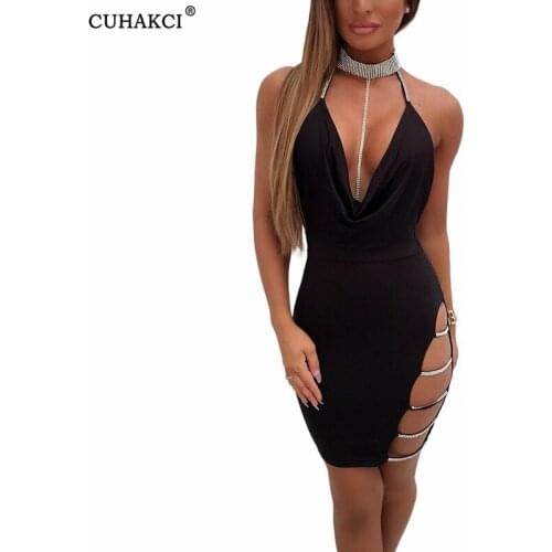 CUHAKCI Halter Sexy Backless Short Dresses High Split Diamond Metal Chain Bodycon Skinny Club Party SummerCotton Streetwear