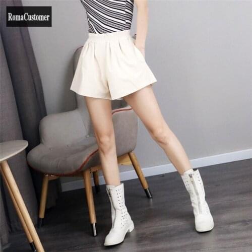 Wide Leg Shorts Womens 2021 Autumn New Sheepskin Solid Genuine Leather Elastic Waist Elegant Casual Fashion Female Shorts