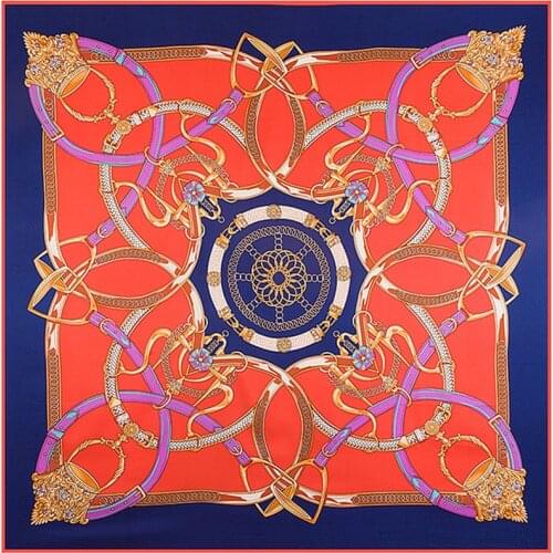 Super Large Twill Silk Women Scarf 130*130cm Euro Chain Belt Splicing Print Square Scarves High Quality Gift Fashion Silk Shawl