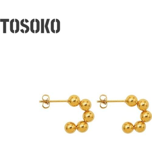 TOSOKO Stainless Steel Jewelry Retro Small Round Bead Splicing C-Type Earrings Womens Fashion Earrings BSF402