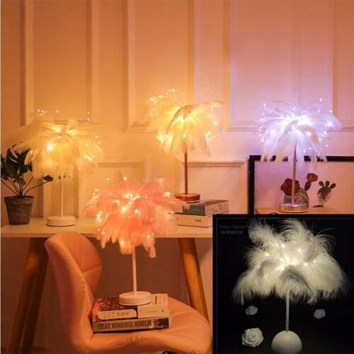 Creative Feather Table Lamp with Remote Control USB/AA Battery Power Desk Lamp Tree Feather Lampshade Night Light for Birthday
