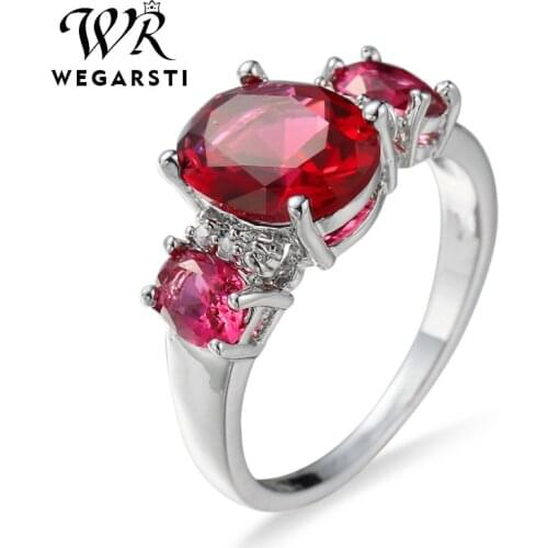 WEGARSTI Top Quality Created Red Round Crystal Finger Rings Elegant Brand Jewelry CZ Austrian Crystal For Women
