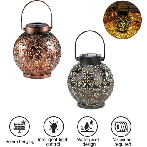Solar LED Iron Art Hollow Lantern Light Handheld Hanging Projector Lamp Solar Light Outdoor Decorative Lamp for Garden Yard