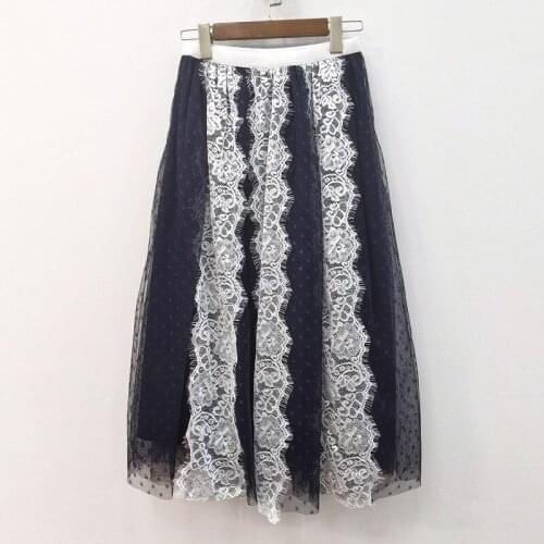 Black White Lace Patchwork Designer New Holiday Fairy A-Line Skirt Female Trend Brand Design Summer Women Long Skirts Clothes