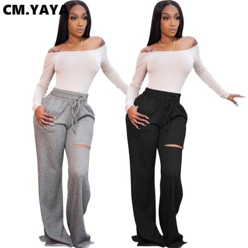 CM.YAYA Women Hole Hollow Out Straight Slit Hem Pants Classic Streetwear Fashion Legging Trousers