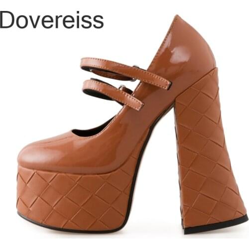 Dovereiss Fashion Spring Womens Shoes Genuine Leather Pure Color Waterproof Brown 15cm Block Heels Consice 35-43
