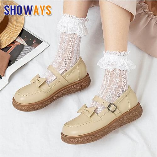 Big Size Cute Bowknot Women Mary Janes Apricot Black Casual Party Round Toe Platform Flats Buckle Strap Thick Heels Lolita Shoes