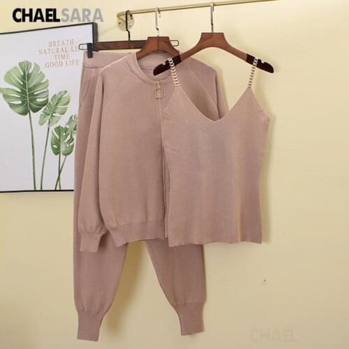 Autumn Winter Women Knitted Tracksuits 3 Piece Set Zipper Cardigan +Tank Tops+Elastic Pants Suit Casual Sports Outfits Female