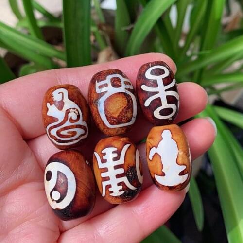 1PC 15x20mm Brown Natural Tibetan Dzi Agates Beads God of Wealth Guanyin Buddha Jewelry Retro Coffee Agat Stone Beads Healing