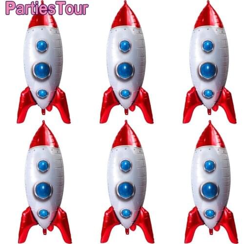 6Pcs Self Standing 3D Rocket Shaped Big Mylar Foil Balloon for Kids Universe Space Theme Birthday Baby Shower Party Decor Toys