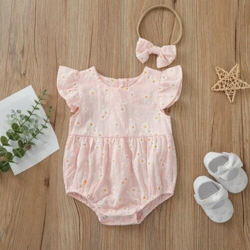 Infant Flying Sleeve Romper + Bow Headdress, Small Daisy Print Fold Decoration Summer Clothing