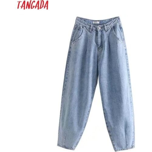 Tangada fashion women loose mom jeans long trousers pockets zipper loose streetwear female blue denim pants 4M38