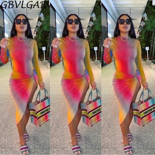 Rainbow Gradient Color Bodycon Mid Calf Dresses Women Long Sleeve 2021 Spring Uautmn Partywear Skinny Ruched Side Split Vestidos