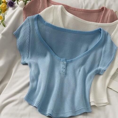 Heliar Women Summer Knitted T-shirts Printed Tee Shirt Plain Tops Button Up O-Neck Slim T-shirts 2021 Summer Crop Tops