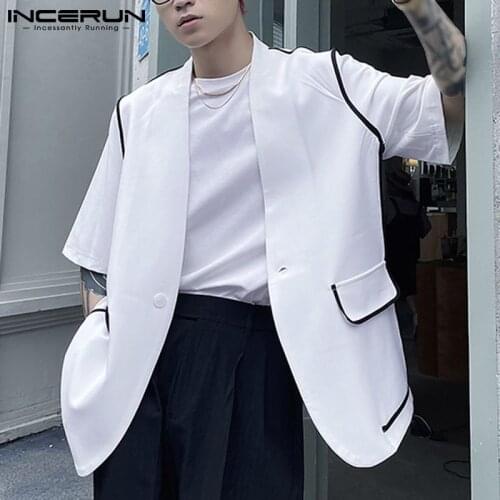 INCERUN 2021 New Collarless Design Short-sleeved Suit Jackets Mens Korean Version Of The High-end Suit Trend Light Luxury S-5XL