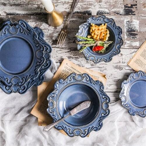 Ceramic Tableware Dishes Rice Bowl Soup Noodles Dessert Plate Nordic Retro Embossed Pattern Salad Breakfast Plate Dinnerware