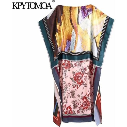 KPYTOMOA Women 2021 Fashion Patchwork Printed Cozy Midi Dress Vintage Short Sleeve Slit Hem Female Dresses Vestidos Mujer