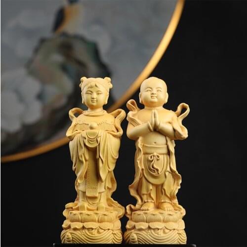 15CM Mythology boy and girl boxwood carving crafts Chinese home living room decoration ornaments solid wood classical figures