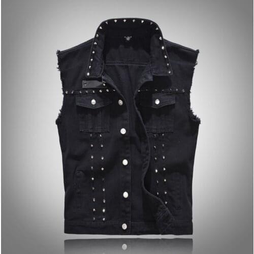 Punk Mens Denim Vest Black Rivets Slim Fit Waistcoat Plus Size 5XL Sleeveless Jacket Streetwear
