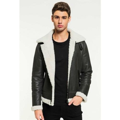 2019 New Mens Grey Shearling Jacket Short Sheepskin Coat Turkey Mens Fur Jacket Aviator Flight Coat