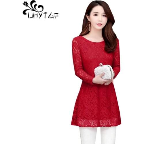 UHYTGF New lace Tops Ladies fashion hollow autumn T-shirt long-sleeved short Shirt loose XL-5XL plus size T-shirt for women 1262