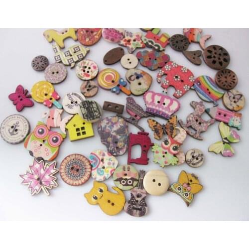 Bulk embellishments randomly 100pcs mix printed Flat back 2 holes natural wood buttons for craft sewing patterns